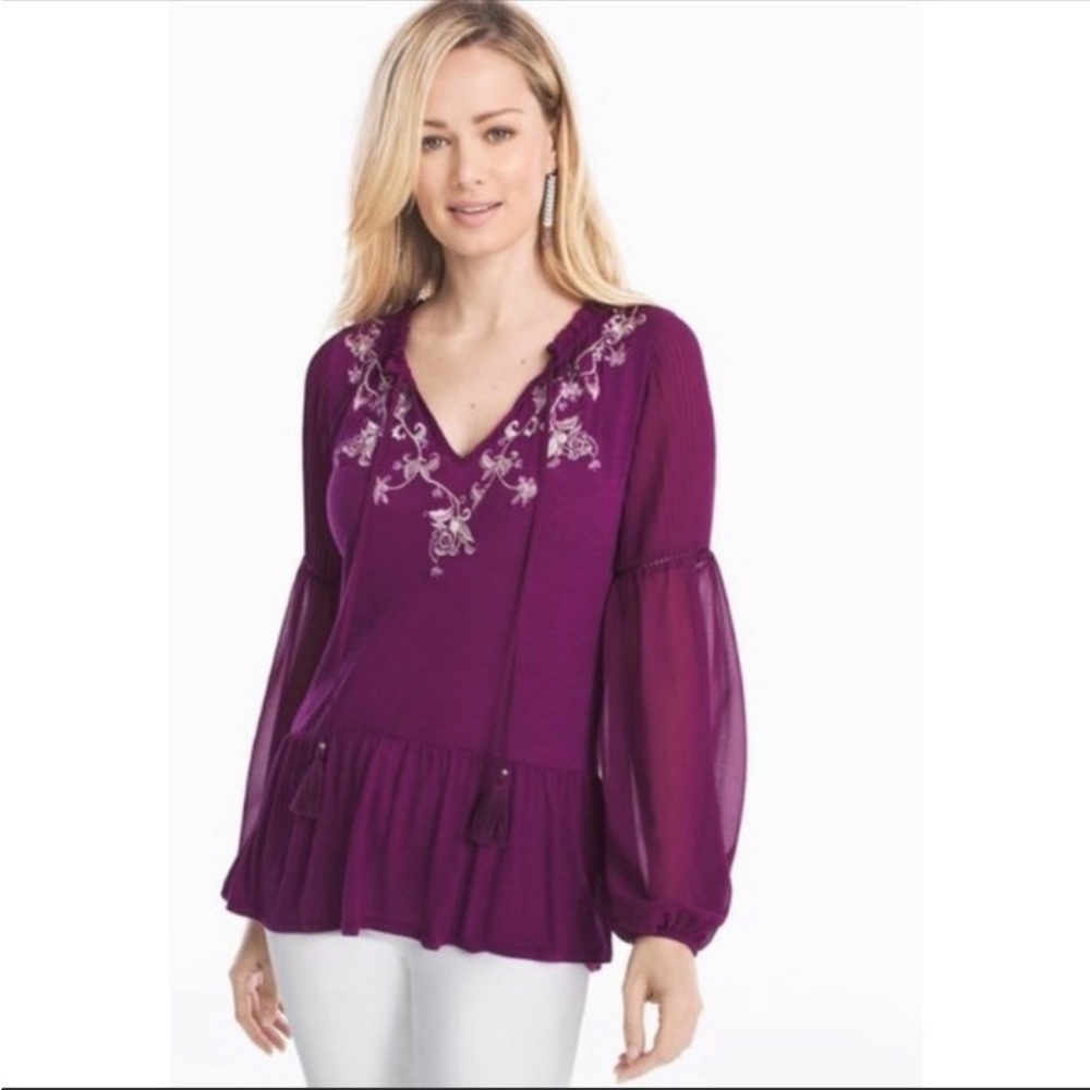 WHBM Gypsy Purple Pleated Sleeve Embroidered Top Sz M